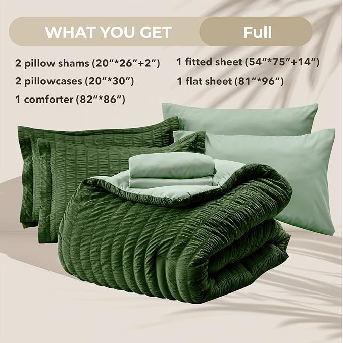 HYMOKEGE Dark Green/Sage Green Full Size Comforter Sets Seersucker 7 Pieces, All Season Luxury Bed in a Bag for Bedroom, Bedding Set with Comforter, Sheets, Pillowcases & Shams