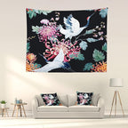 Batmerry Red Green Cranes Floral Leaves Tapestry, Traditional Japanese Watercolor Sytle Design Tapestry for Living Room Bedroom Wall Hanging Decorative 59.1x82.7 Inch