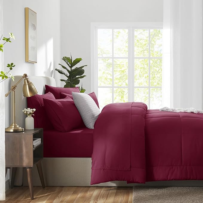 CozyLux Queen Comforter Set Burgundy, 7 Pieces Bed in a Bag, Red Comforter Queen Size, All Season Bedding Sets with Stitch Quilted Comforter, Flat Sheet, Fitted Sheet, Pillowcases