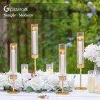 Gold Hurricane Taper Candle Holders: Glasseam 3Pcs Brass Candlestick Holders with Ribbed Glass Cylinder Cover Fluted Tall Candle Sticks Holder Decor for Table Centerpiece Wedding Christmas Decorations