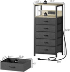 Seventable Night Stand with Charging Station, Tall Nightstand with 5 Fabric Storage Drawers, Side Table with LED Light for Bedroom, Entryway, Greige