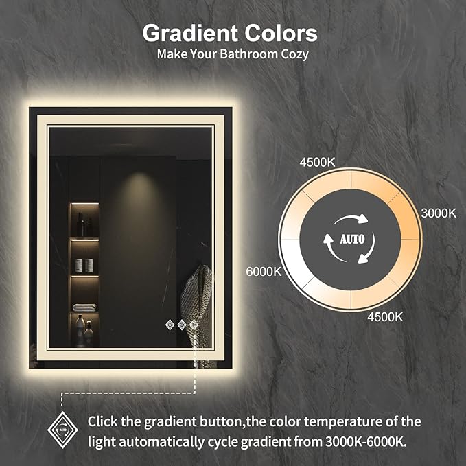 LED Bathroom Mirror, 24x32 Inch Gradient Front and Backlit LED Mirror for Bathroom, 3 Colors Dimmable CRI>90 Double Lights, IP54 Enhanced Anti-Fog, Hanging Plates Vanity Mirror with Lights
