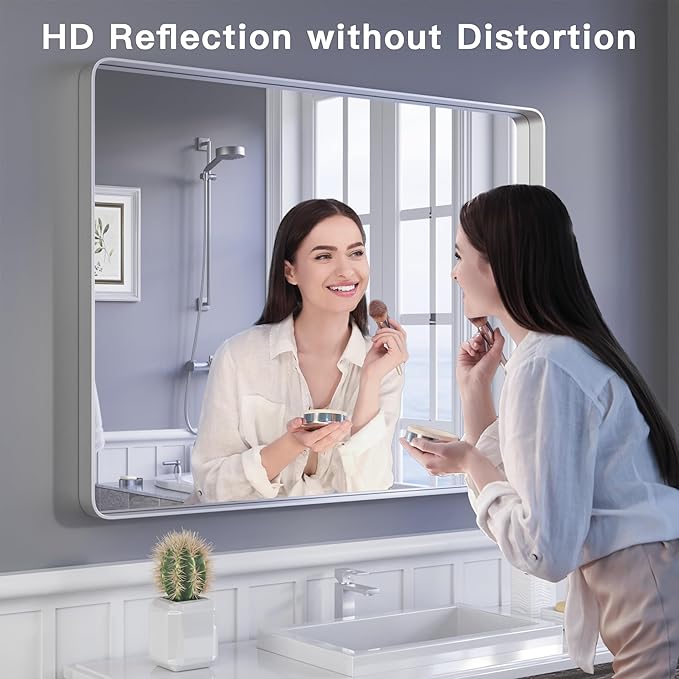 ISKM 36"x 30" Silver Bathroom Mirror for Wall, Bathroom Vanity Mirror Anti-Rust, Tempered Glass, Rounded Rectangle Mirror(Horizontal/Vertical)