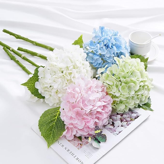 Waipfaru 4Pcs Real Touch Hydrangea Artificial Flowers, Fake Hydrangea Flowers, 21" Latex Faux Hydrangea Flowers for Wedding Bouquet Home Decor Centerpieces (2 Light Green & 2 Dark Green)