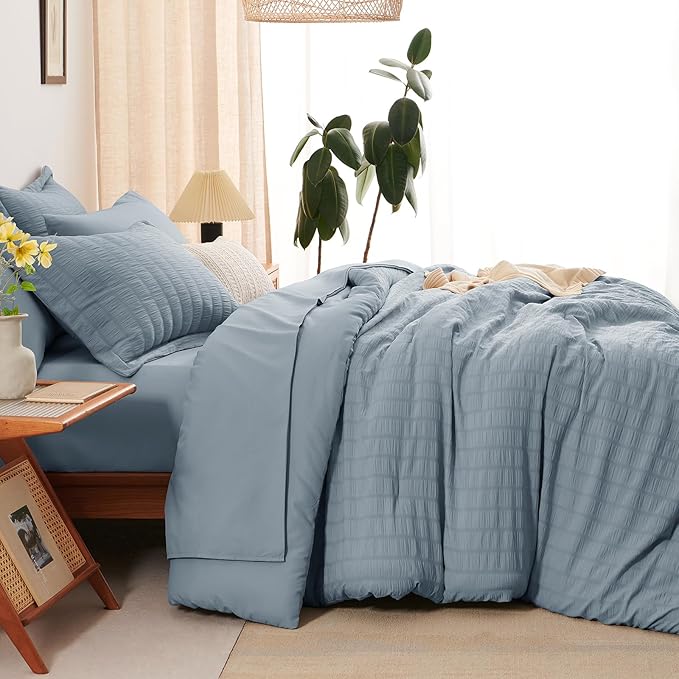 CozyLux Grayish Blue King Size Comforter Set Seersucker 7 Pieces Dusty Blue Bed in a Bag King Comforter Set with Sheets, Luxury Bedding Set with Down Alternative Comforter, Sheets, Pillowcases & Shams