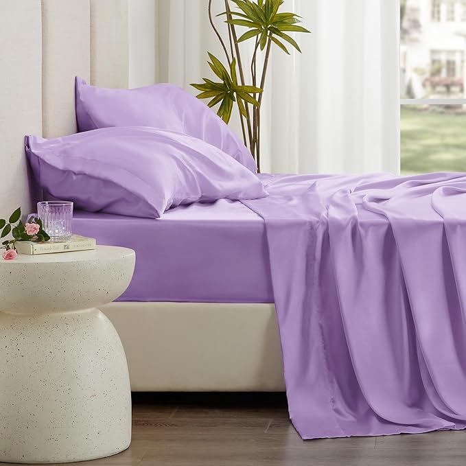 Love's cabin Twin Satin Sheets Sets - 3 Piece Lavender Silky Bed Sheets with Deep Pockets, Luxury Silk Feel Satin Twin Size Sheet Set Bedding Set (1 Flat Sheet,1 Fitted Sheet,1 Pillow case)