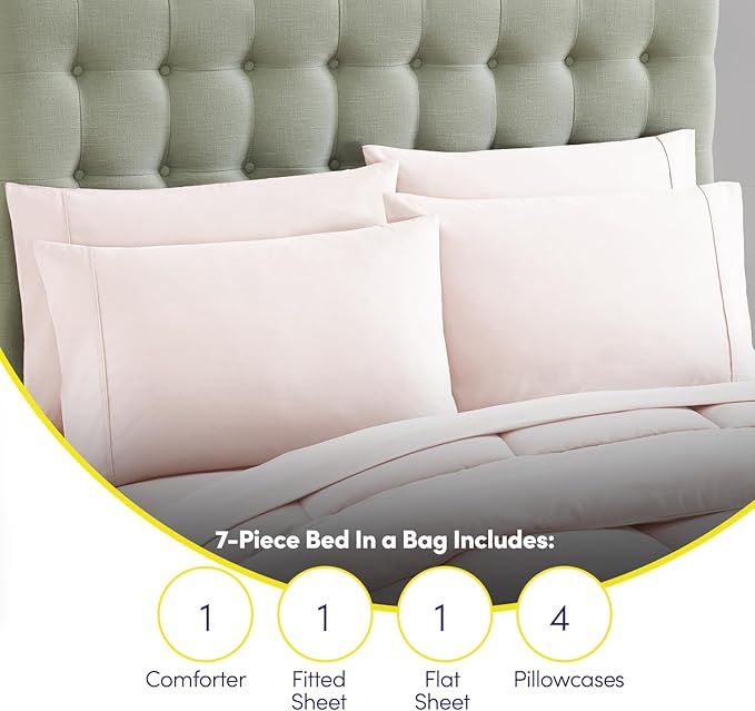King Size Comforter Set with Sheets - 7-Piece Bedding Collection - 1 Comforter, 1 Fitted Sheet, 1 Flat, 4 Pillowcases - Deep Pocket - Soft & Premium Quality - Ideal for All Seasons, Pale Pink