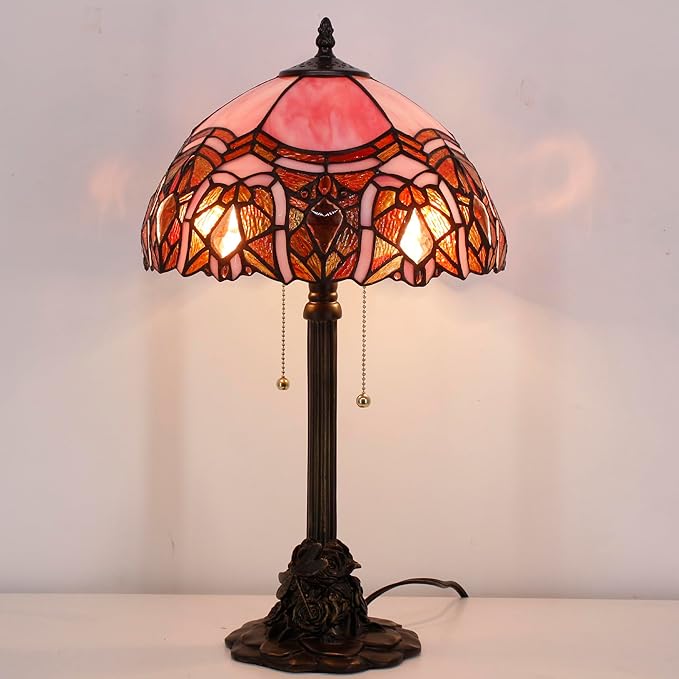 Tiffany Stained Glass Table Lamp 12X12X21Inch Resin Base Desk Bedroom Living Room Reading Light (Pink Jewelry)