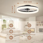 VOLISUN Low Profile Ceiling Fans with Lights and Remote, 23.6in Flush Mount Ceiling Fans with Light, 3000K-6500K Dimmable Fandelier LED Fan Light, Bladeless Ceiling Fan with Lights for Bedroom(Black)