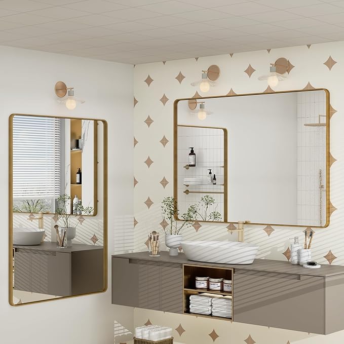 40x30 Gold Bathroom Mirror, Brushed Metal Frame Vanity Mirror, Modern Gold Rectangle Mirror, Rounded Corner, Shatterproof, Anti-Rust, Rose Gold(Horizontal/Vertical)