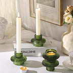 Green Taper Candle Holders Set of 10 for Taper Candles/Tea Lights, Ribbed Glass Candlestick Holders for Boho Wedding Table, Vintage Candle Sticks Holder Decor Home Decor