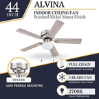 Prominence Home Alvina Traditional 44 Inch Ceiling Fan with Light, LED Flush Mount Ceiling Fan, Indoor Fan with 5 Blades, Gray Oak and Brown Walnut Blade Finish Options, Satin Nickel (51585-01)