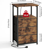 Fixwal Night Stand with 3 Fabric Drawers, Nightstand for Bedroom, Bedside Table with Charging Station End Table with Storage, Rustic Brown