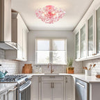 WUZUPS Crystal Chandelier Flushmount Ceiling Light Modern Lighting Fixture for Bedroom Hallway Bar Kitchen Bathroom, H 8.9" x W 17.7", Pink, E12 Base