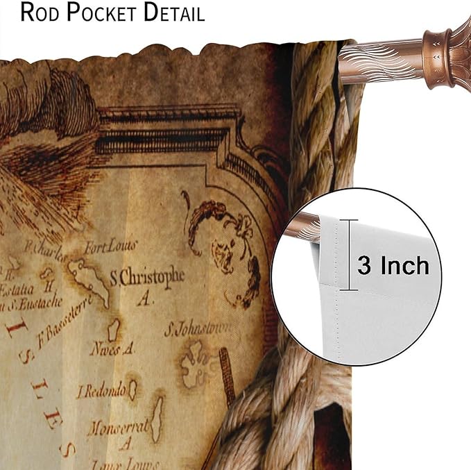 Pirate Map Curtains, Nautical Theme Old Ancient Treasure Map Secret Sea History Pattern Blackout Window Drapes for Kids Boys Bedroom Living Room 42x63in
