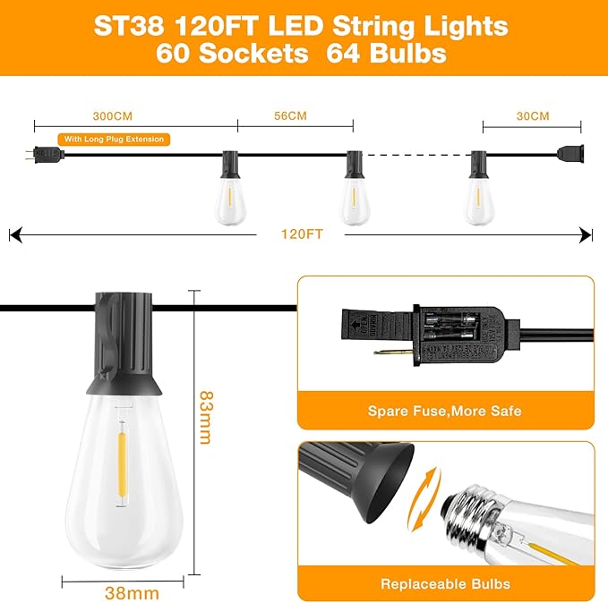 GLUROO String Lights for Outside 120FT, 60+4 Pcs Vintage Bulbs LED Outdoor Edison String Lights Waterproof, Shatterproof Connectable Patio Lights Outdoor, Dimmable Hanging Lights for Backyard, Bistro