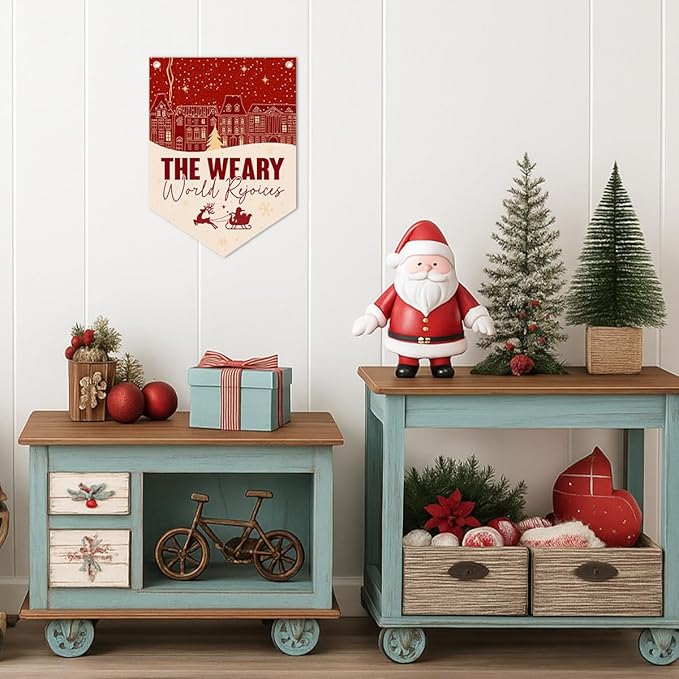 Christmas Wall Hanging Banner, "The Weary World Rejoices" Canvas Wall Art, Festive Town & Santa Sleigh Print Hanging Decor for Home, Living Room, Bedroom Holiday Decoration, 15.7 x 21.6 In