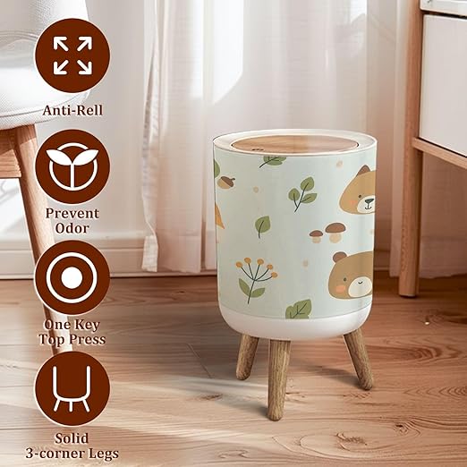 Small Trash Can with Lid Cute Summer Forest Animals Head Scandinavian Seamless Texture Garbage Bin Pet Proof Waste Basket for Kitchen Bathroom Office Bedroom Decorative 1.8 Gallon