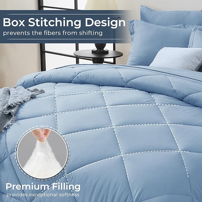 HEVUMYI Light Blue Cali-King Comforter Set - 7-Piece All Season Bed in a Bag Cali-King, Ultra Soft Bedding Set with Comforter, Flat Sheet, Fitted Sheet, Pillowcases, Pillow Shams