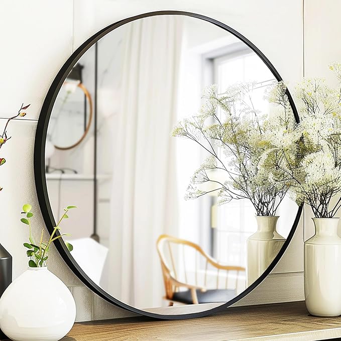 Round Mirror 22 inch, Black Circle Mirror, Round Wall Mirrors Metal Frame, Circle Mirrors for Living Room, Bathroom, Wall, Entryway, Rustic.