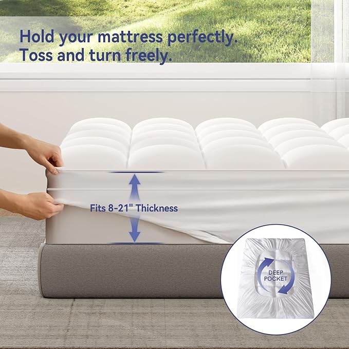 ELEMUSE Full XL Mattress Topper for Back Pain, Extra Thick Mattress Pad Cover, Plush Soft Pillowtop with Elastic Deep Pocket, Overfilled Down Alternative Filling