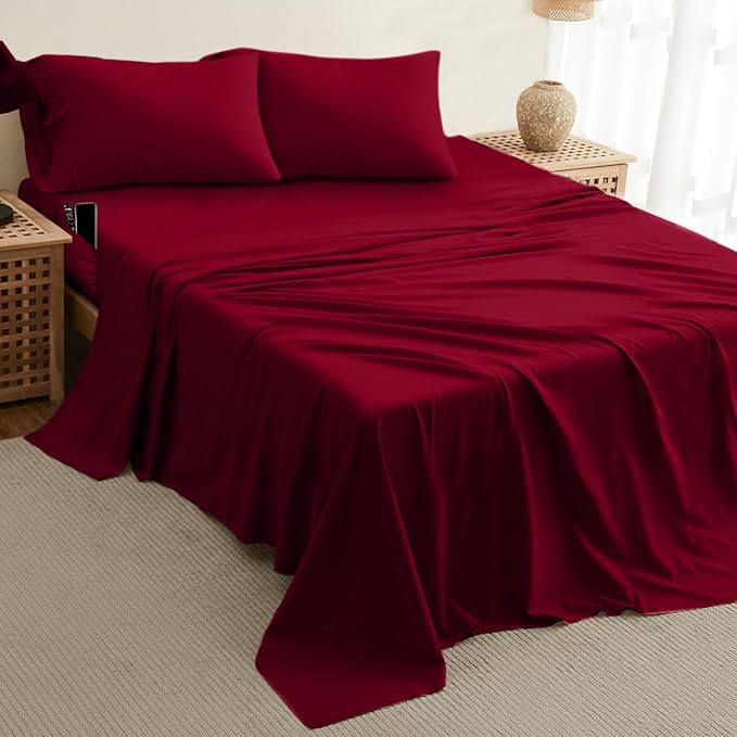DREAMCARE King Size Sheets Set - Cooling Bed Sheets - 4pcs Set - up to 15" Deep Pocket King Sheet Set – Soft & Long Lasting Cooling - 100% Fine Brushed Polyester with Side Pocket - Burgundy