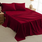 DREAMCARE Full Size Cooling Sheets - 4pcs Set - Soft & Long Lasting 100% Fine Brushed Polyester with Side Pocket - Burgundy