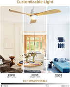 Sofucor 52 Inch Ceiling Fan with Lights and Remote Control-Modern Solid Wood Blade Ceiling Fan for Bedroom Living Room Indoor Outdoor Farmhouse Patio, Quiet DC Motor, Natural Wood