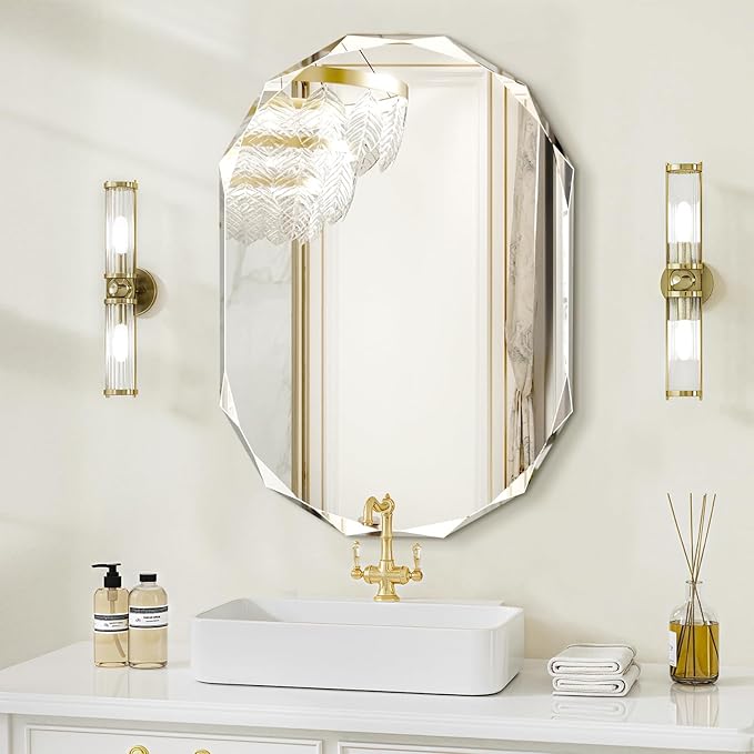 Pregaspor Single Beveled Edge Bathroom Vanity Mirror, 20" x 28" Oval Wall Mirror, Shatterproof Frameless Mirror for Over Sink, Restroom