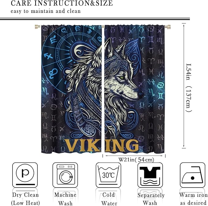 Viking Wolf Curtains Blue Rune Nordic Gothic Animal Curtains Dark Ancient Totem Mythological Pattern Printed Curtains Boys Bedroom Living Room Decoration Blackout Curtains W42 * L54 Inch