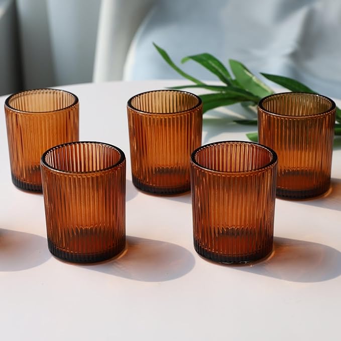 VOHO 24pcs Votive Candle Holders Bulk Wedding Centerpieces for Tables, Amber Tea Lights Candle Holder for Home/Fall Decor, Glass Ribbed Votive Candle Holder Gift Idea