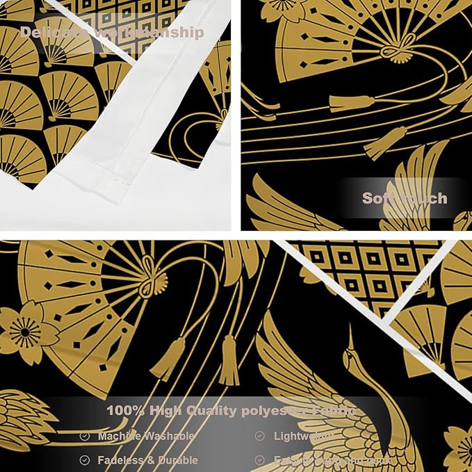 Batmerry Black Oriental Tapestry,Gold Japanese Fan Wall Art Hanging Decoration Polyester Fiber White Ruffled Around for Dorm Room Bedroom Living Room, 82.7x59.1 inches