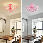 WUZUPS Crystal Chandelier Flushmount Ceiling Light Modern Lighting Fixture for Bedroom Hallway Bar Kitchen Bathroom, H 8.9" x W 17.7", Pink, E12 Base