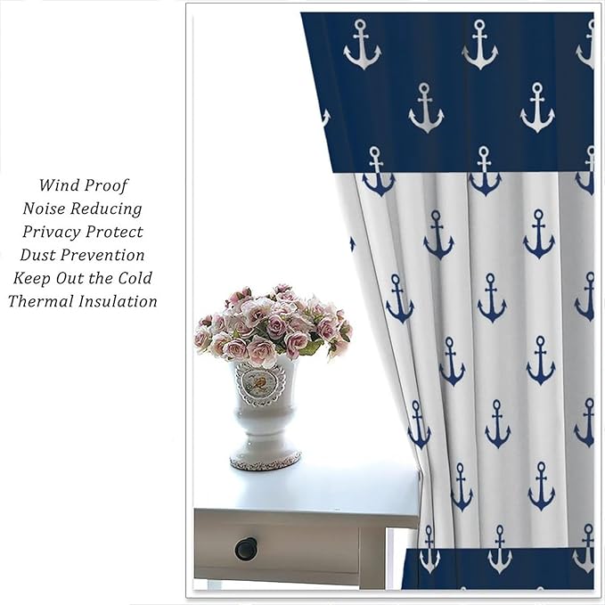 Anchor Pattern Curtains, Nautical Theme Navy Blue White Anchor Sea Life Adventure Print Blackout Window Treatments for Living Room Boys Men's Bedroom 52x84in
