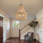 Q&S Farmhouse Wood Beaded Chandelier,Oak White 8-Lights Retro Vintage Antique Rustic Boho Pendant Light Fixture for Foyer Living Room Bedroom Kitchen Dining Room Office Nursery UL Listed