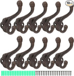 Peohud 10 Pack Cast Iron Coat Hooks, Rustic Wall Hooks, Wall Mounted Farmhouse Coat Hangers, Heavy Duty Double Hooks for Hanging Coats, Bags, Caps, Hats, Towels, Keys