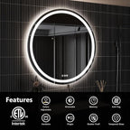 ROOMTEC LED Mirror,28" Round Backlit & Front-lit Vanity, Adjustable 3000K/4000K/6000K, Anti-Fog, Smart Touch, Stepless Dimmable