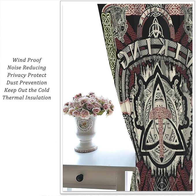 Viking Curtains Nordic Mythology Rune Weapon Antique Viking Pirate Crow Art Pattern Printed Curtains Bedroom Living Room Decoration Blackout Curtains W63 * L63 Inch