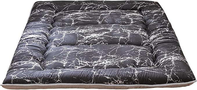 MAXYOYO Black Marble Printed Japanese Futon Floor Mattress, Thicken Sleeping Pad, Roll Up Camping Bed, Folding Couch Topper for Guests, Queen Size