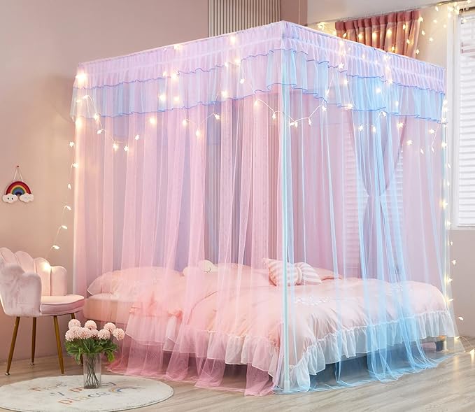 Mengersi Rainbow Canopy Bed Curtains with Lights - Princess Bed Canopy for Girls - Bed Drapes Netting- Bedroom Decoration Accessories,Queen