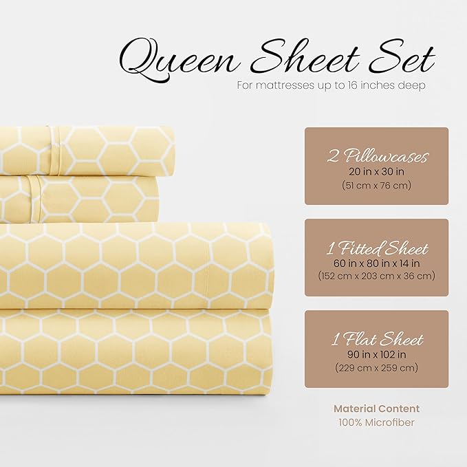 Linen Market Double-Brushed Patterned Microfiber Queen Sheet Set 4 Piece – Oeko-TEX Certified Ultra Soft & Wrinkle-Free - 16" Deep Pocket Sheets - Easy Care Queen Size - Honeycomb Yellow