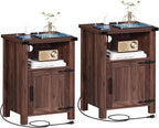 Night Stand Set of 2, 18 Inch Farmhouse Nightstand with with Charging Station and USB Port, Rustic Wood Bedside Table with Magnetic Door, Bed Side Tables for Bedroom, Brown Walnut
