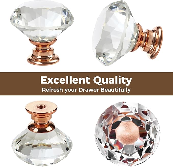 26 pcs Crystal Rose Gold Glass Drawer Pulls 30 mm Decorative Knobs for Kitchen Bathroom Cabinet, Dresser and Cupboard by DeElf