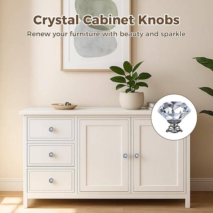 DEELF 24 Packs Kitchen Cabinet Knobs, 40 mm Crystal Cabinet Knobs, Diamond Dresser Handle Drawer Pulls, Dresser Knobs for Cabinets and Drawers, Silver Base