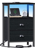 Furologee Nightstands with Charging Station, End Table with LED Lights, Black Night Stands with 2 Fabric Drawers, Bedside Tables with Shelves for Living Room/Bedroom,Black Oak
