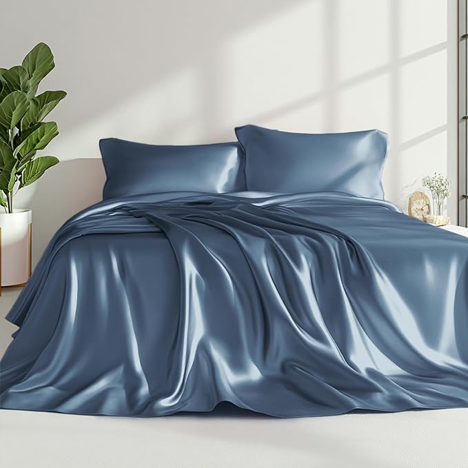Love's cabin Twin Satin Sheets Sets - 3 Piece Ash Blue Silky Bed Sheets with Deep Pockets, Luxury Silk Feel Satin Twin Size Sheet Set Bedding Set (1 Flat Sheet,1 Fitted Sheet,1 Pillow case)