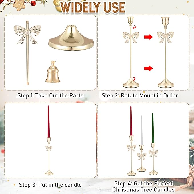 6 Pcs Christmas Candle Holders 3 Size Gold Taper Candlestick Holders Set Vintage Decorative Centerpiece for Table Mantel Wedding Housewarming Thanksgiving Gifts (Bowknot)