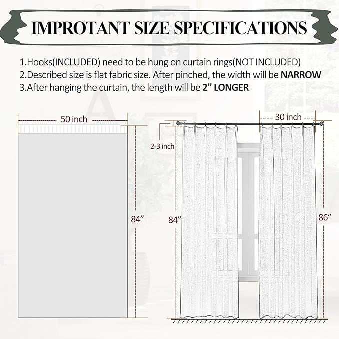 White Sheer Curtains 102 Inch Long, Cotton Linen Textured Light Filtering Drapes, Privacy Living Room Window Decor, Semi-Transparent Floor to Ceiling Pinch Pleat Curtain with Hooks