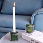 Woho Green Votive Candle Holders Set of 2(3.5" H x 3.1" W), Ribbed Tealight Candle Holder Vintage for Christmas Dinner Table, Reversible Tea Lights Candle Holder Glass for Living Room Home Decor