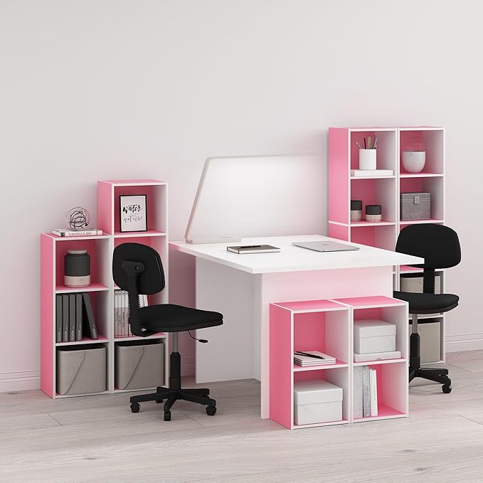 Furinno PASIR Book Shelf, 2-Tier Modern Bookshelf, Open Shelves Bookcase 9" x 12" x 21", for Living Room, Bedroom, Home Office, Pink/White